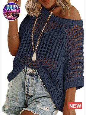Short Sleeve Crochet Sweater Summer Top Loose Hollow Out Crewneck Pullover